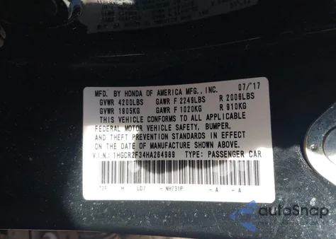 2017 Honda Accord Lx из США, поврежденный, VIN 1HGCR2F34HA264989